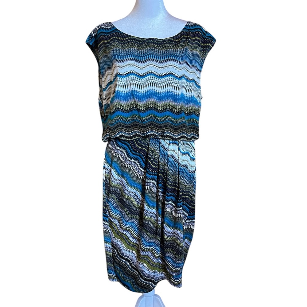Laundry by Design Geometric Blue Black Green White Pleated Sleeveless Dress 10